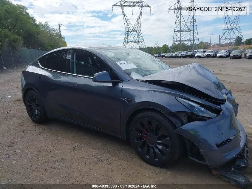 2022 Tesla Model Y Performance Dual Motor All-Wheel Drive VIN: 7SAYGDEF2NF549262 Lot: 40395598