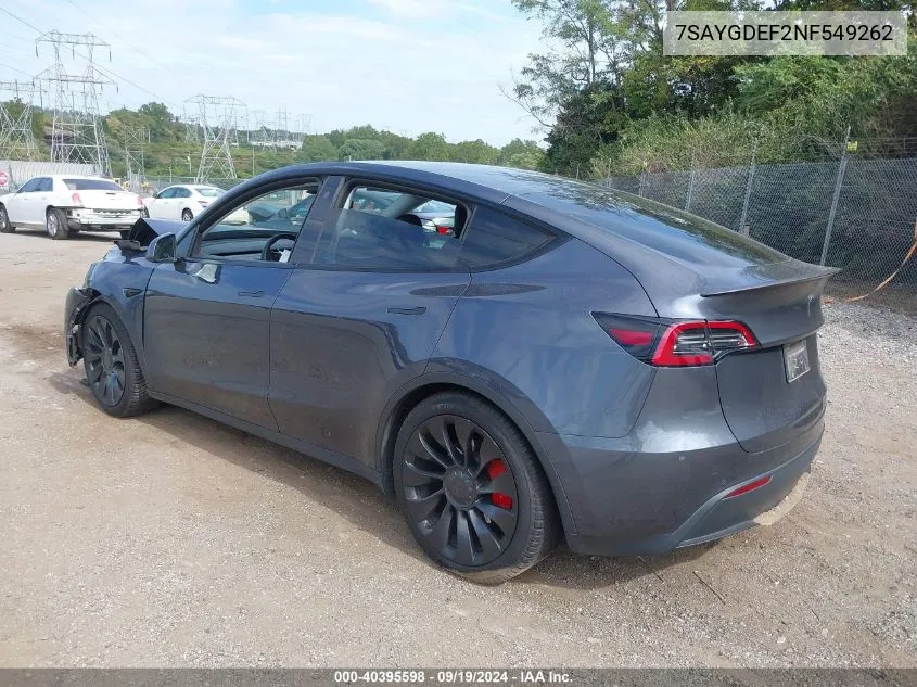 2022 Tesla Model Y Performance Dual Motor All-Wheel Drive VIN: 7SAYGDEF2NF549262 Lot: 40395598