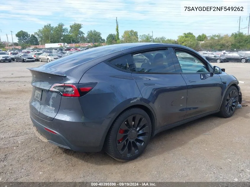 2022 Tesla Model Y Performance Dual Motor All-Wheel Drive VIN: 7SAYGDEF2NF549262 Lot: 40395598