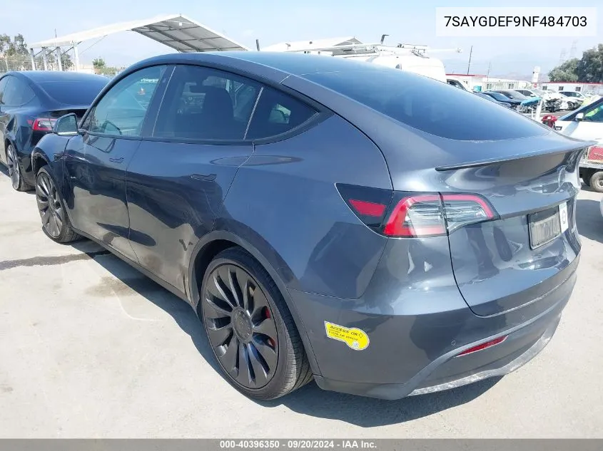 2022 Tesla Model Y Performance Dual Motor All-Wheel Drive VIN: 7SAYGDEF9NF484703 Lot: 40396350