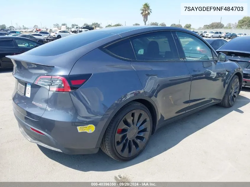 2022 Tesla Model Y Performance Dual Motor All-Wheel Drive VIN: 7SAYGDEF9NF484703 Lot: 40396350