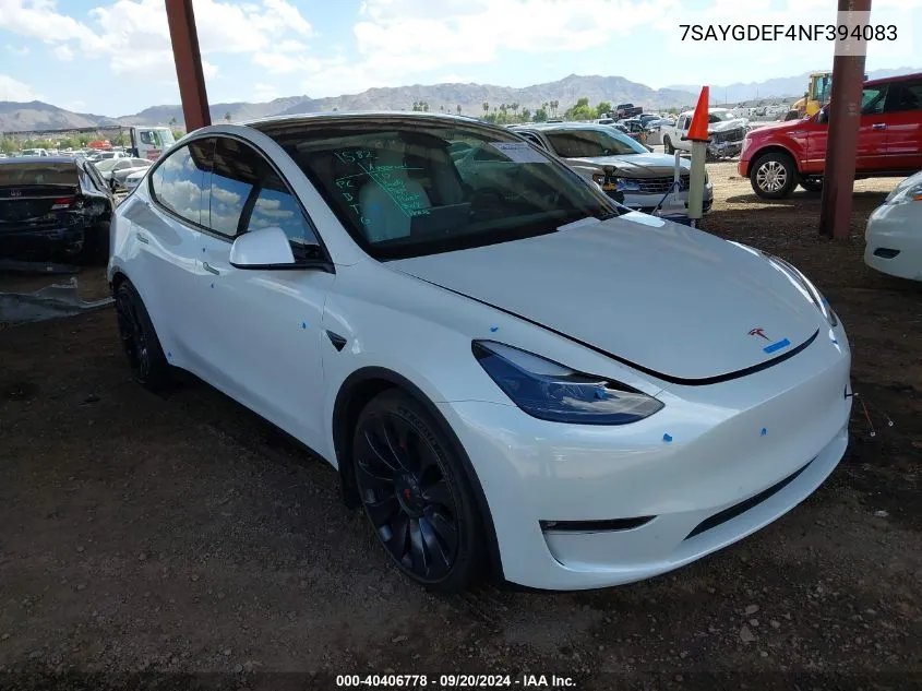 2022 Tesla Model Y Performance Dual Motor All-Wheel Drive VIN: 7SAYGDEF4NF394083 Lot: 40406778