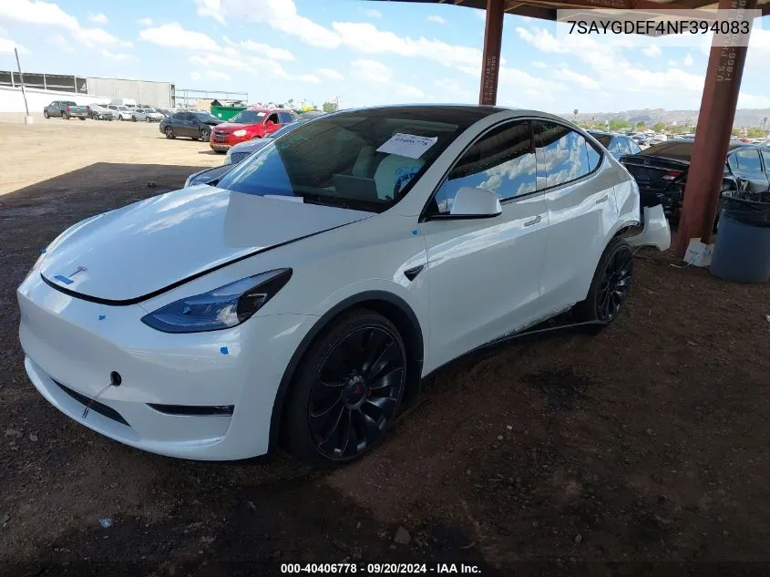 2022 Tesla Model Y Performance Dual Motor All-Wheel Drive VIN: 7SAYGDEF4NF394083 Lot: 40406778