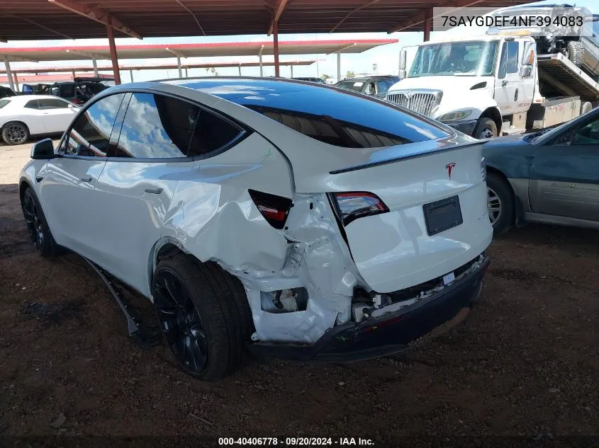 2022 Tesla Model Y Performance Dual Motor All-Wheel Drive VIN: 7SAYGDEF4NF394083 Lot: 40406778