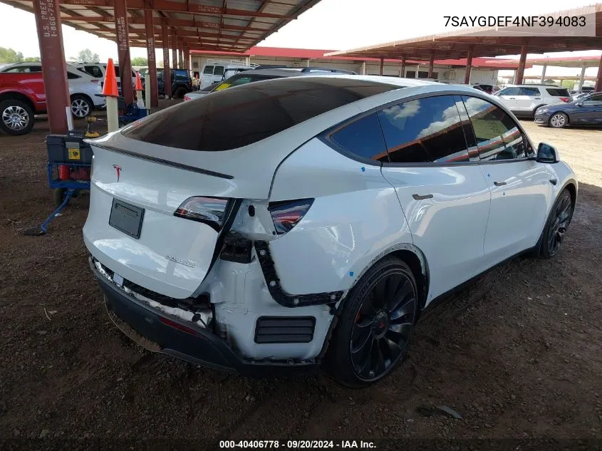 2022 Tesla Model Y Performance Dual Motor All-Wheel Drive VIN: 7SAYGDEF4NF394083 Lot: 40406778