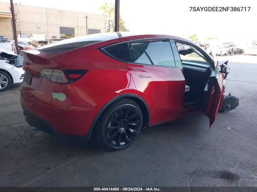 2022 Tesla Model Y VIN: 7SAYGDEE2NF386717 Lot: 40414460