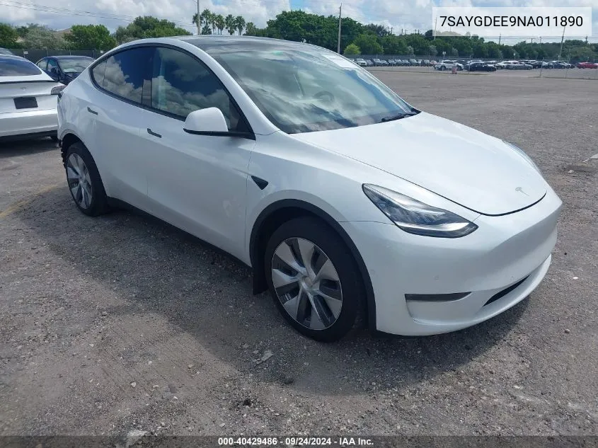 2022 Tesla Model Y Long Range Dual Motor All-Wheel Drive VIN: 7SAYGDEE9NA011890 Lot: 40429486