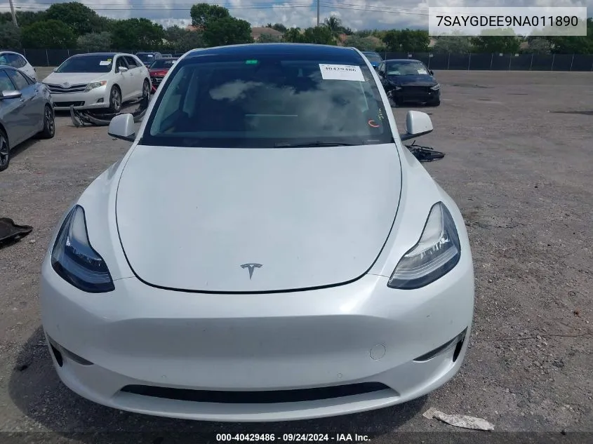 2022 Tesla Model Y Long Range Dual Motor All-Wheel Drive VIN: 7SAYGDEE9NA011890 Lot: 40429486