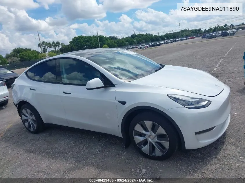 2022 Tesla Model Y Long Range Dual Motor All-Wheel Drive VIN: 7SAYGDEE9NA011890 Lot: 40429486