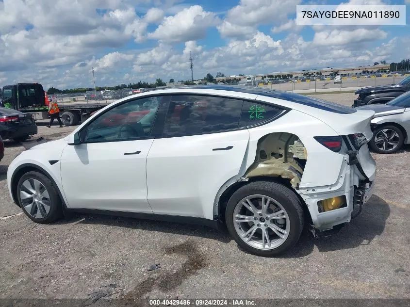 2022 Tesla Model Y Long Range Dual Motor All-Wheel Drive VIN: 7SAYGDEE9NA011890 Lot: 40429486