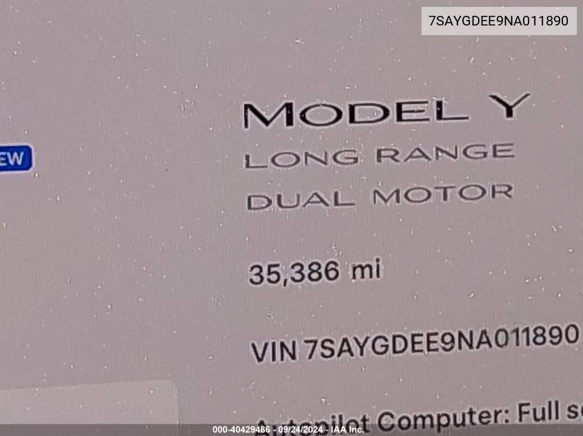 2022 Tesla Model Y Long Range Dual Motor All-Wheel Drive VIN: 7SAYGDEE9NA011890 Lot: 40429486