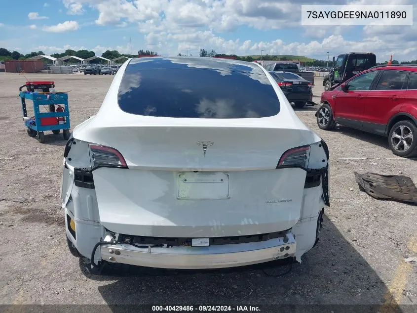 2022 Tesla Model Y Long Range Dual Motor All-Wheel Drive VIN: 7SAYGDEE9NA011890 Lot: 40429486