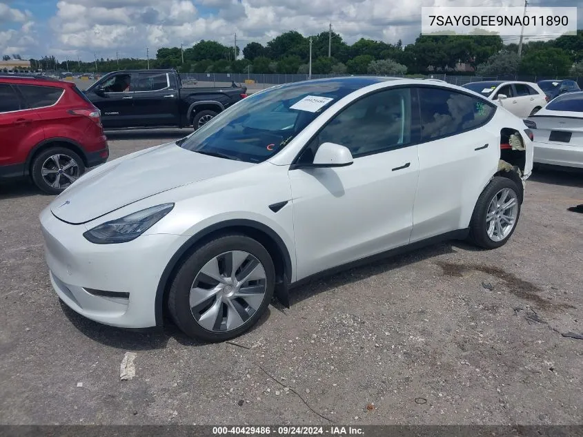 2022 Tesla Model Y Long Range Dual Motor All-Wheel Drive VIN: 7SAYGDEE9NA011890 Lot: 40429486