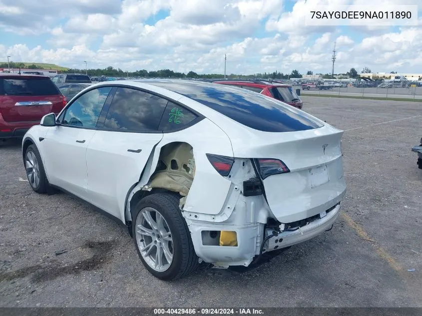 2022 Tesla Model Y Long Range Dual Motor All-Wheel Drive VIN: 7SAYGDEE9NA011890 Lot: 40429486