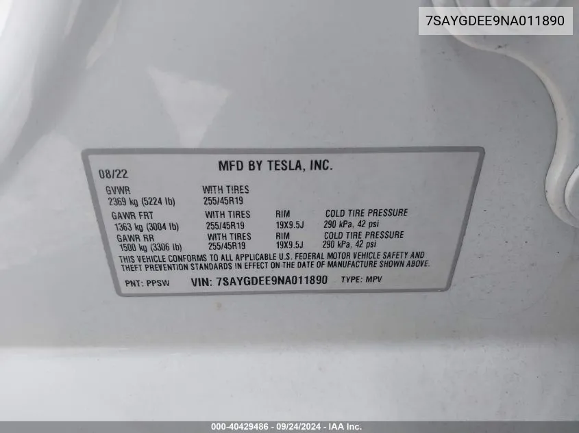 2022 Tesla Model Y Long Range Dual Motor All-Wheel Drive VIN: 7SAYGDEE9NA011890 Lot: 40429486