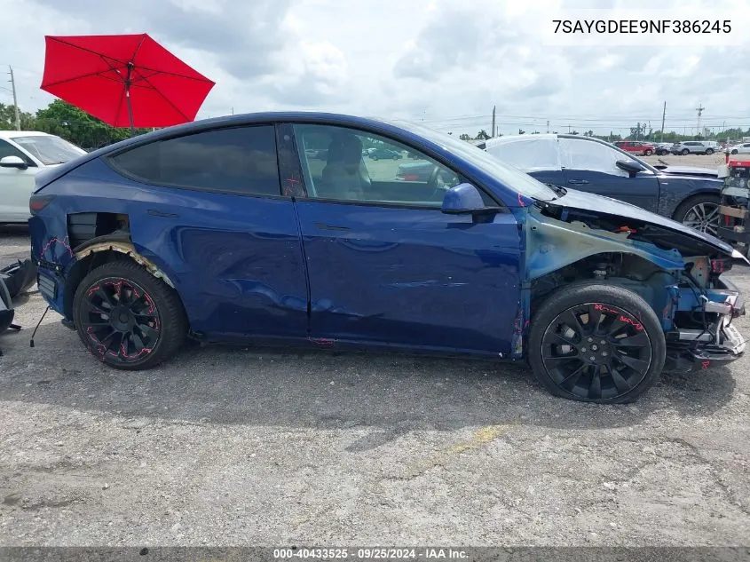 2022 Tesla Model Y Long Range Dual Motor All-Wheel Drive VIN: 7SAYGDEE9NF386245 Lot: 40433525