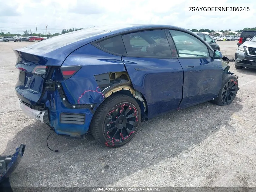 2022 Tesla Model Y Long Range Dual Motor All-Wheel Drive VIN: 7SAYGDEE9NF386245 Lot: 40433525