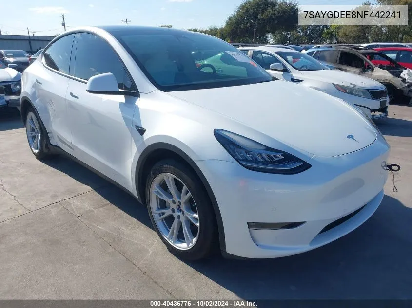 2022 Tesla Model Y Long Range Dual Motor All-Wheel Drive VIN: 7SAYGDEE8NF442241 Lot: 40436776