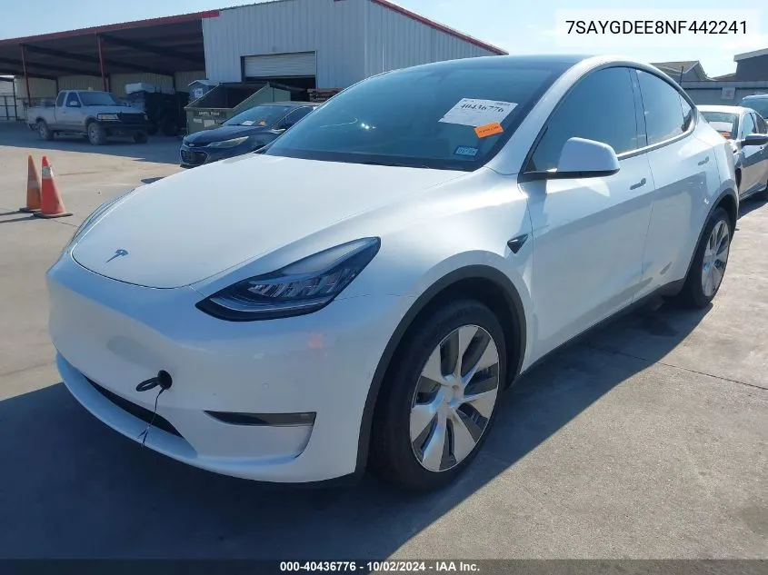 2022 Tesla Model Y Long Range Dual Motor All-Wheel Drive VIN: 7SAYGDEE8NF442241 Lot: 40436776