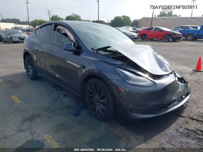 2022 Tesla Model Y Performance Dual Motor All-Wheel Drive VIN: 7SAYGDEF2NF505911 Lot: 40442392