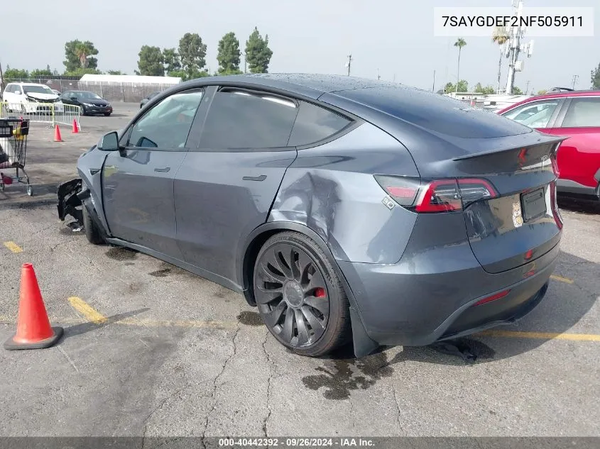 2022 Tesla Model Y Performance Dual Motor All-Wheel Drive VIN: 7SAYGDEF2NF505911 Lot: 40442392