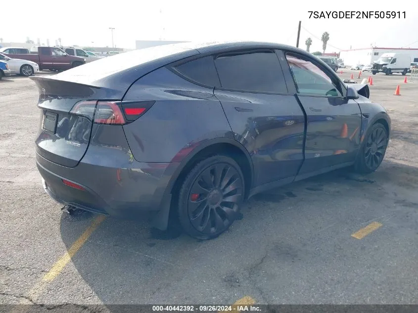 2022 Tesla Model Y Performance Dual Motor All-Wheel Drive VIN: 7SAYGDEF2NF505911 Lot: 40442392