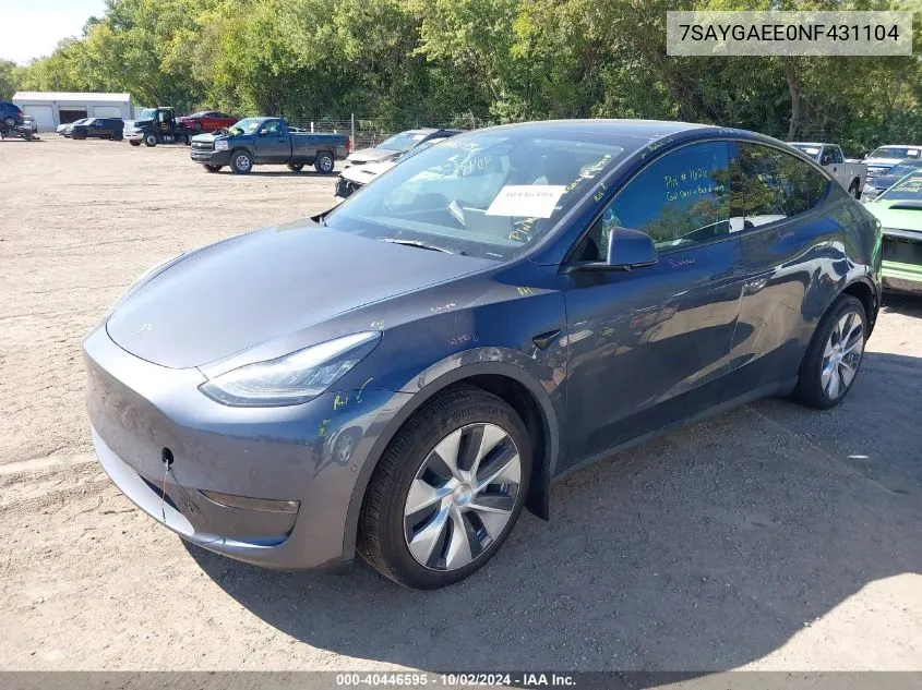 2022 Tesla Model Y Long Range Dual Motor All-Wheel Drive VIN: 7SAYGAEE0NF431104 Lot: 40446595