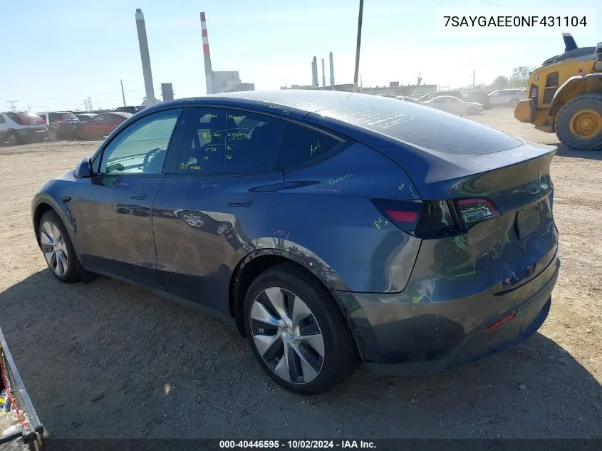 2022 Tesla Model Y Long Range Dual Motor All-Wheel Drive VIN: 7SAYGAEE0NF431104 Lot: 40446595