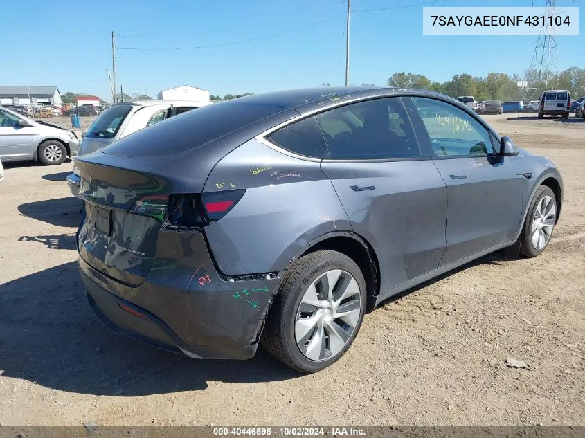 2022 Tesla Model Y Long Range Dual Motor All-Wheel Drive VIN: 7SAYGAEE0NF431104 Lot: 40446595