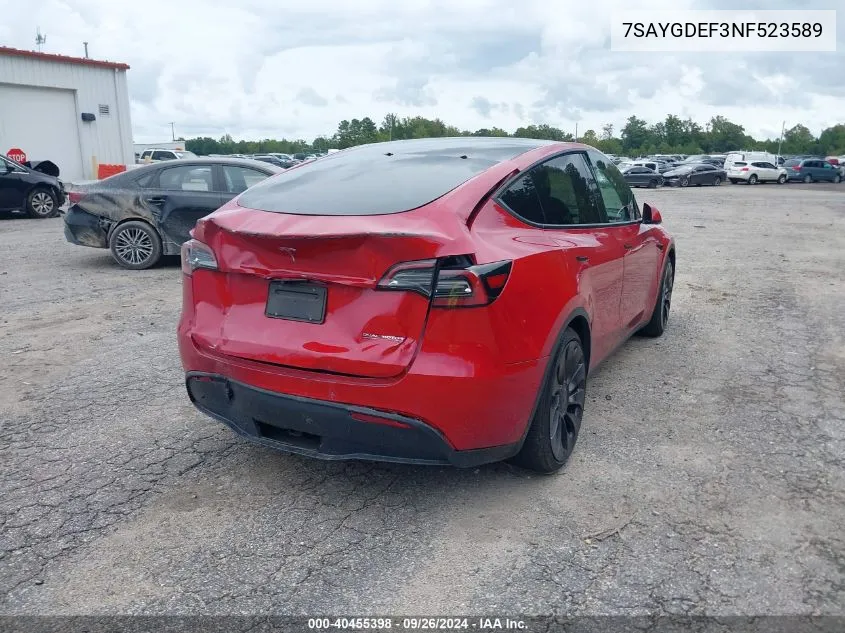 2022 Tesla Model Y Performance Dual Motor All-Wheel Drive VIN: 7SAYGDEF3NF523589 Lot: 40455398