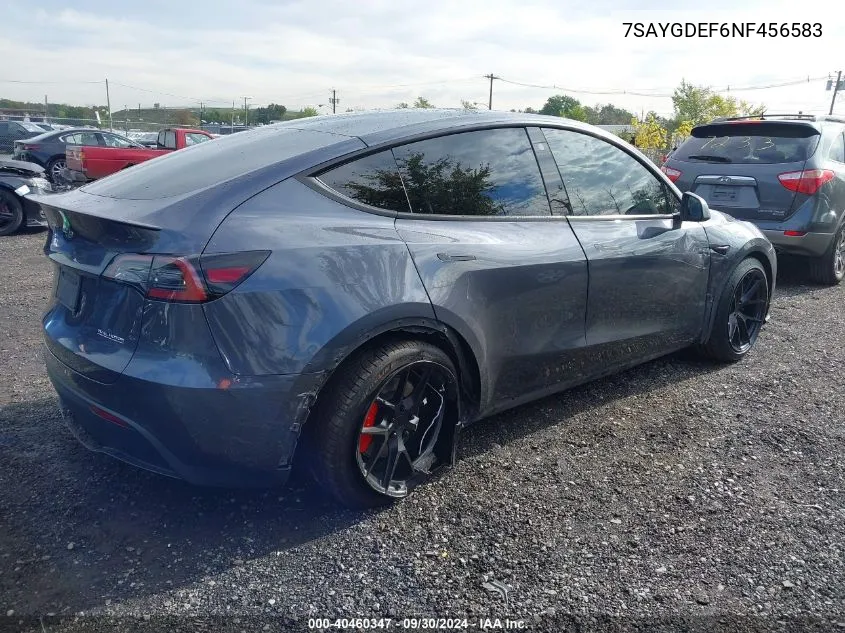 2022 Tesla Model Y VIN: 7SAYGDEF6NF456583 Lot: 40460347