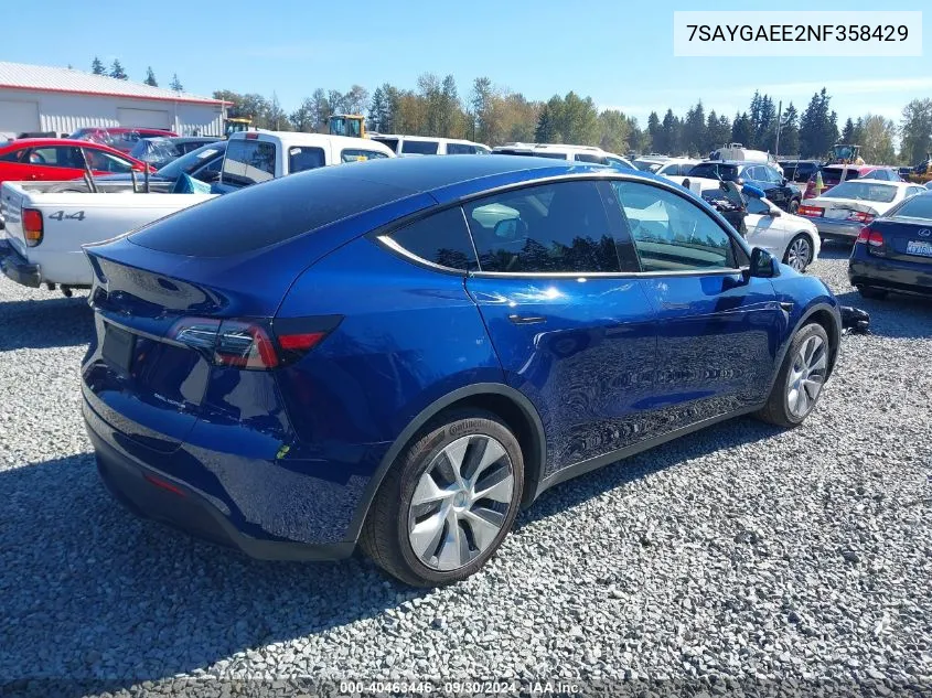 2022 Tesla Model Y Long Range Dual Motor All-Wheel Drive VIN: 7SAYGAEE2NF358429 Lot: 40463446