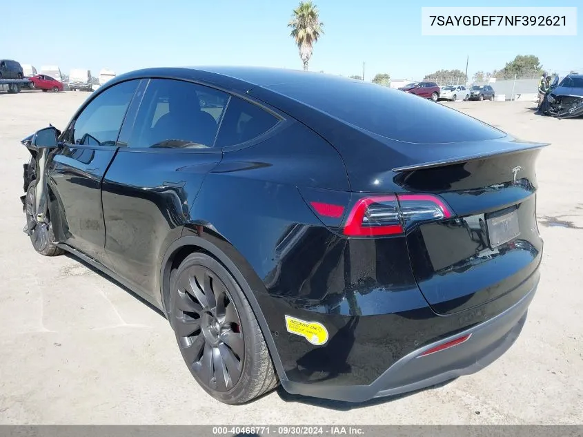 2022 Tesla Model Y VIN: 7SAYGDEF7NF392621 Lot: 40468771