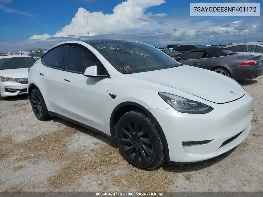 2022 Tesla Model Y Long Range Dual Motor All-Wheel Drive VIN: 7SAYGDEE8NF401172 Lot: 40474778