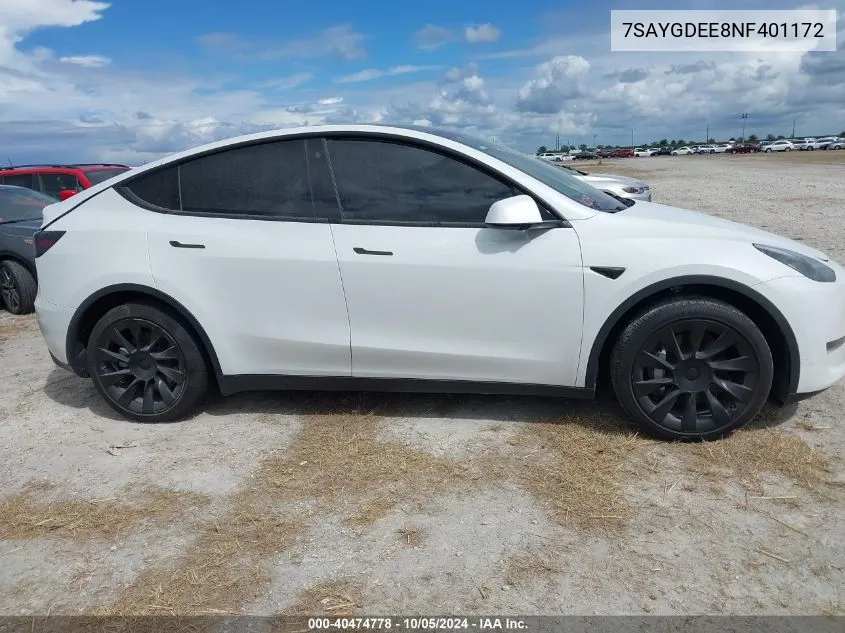 2022 Tesla Model Y Long Range Dual Motor All-Wheel Drive VIN: 7SAYGDEE8NF401172 Lot: 40474778