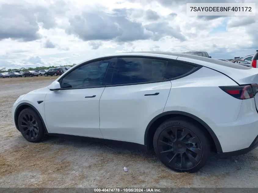 2022 Tesla Model Y Long Range Dual Motor All-Wheel Drive VIN: 7SAYGDEE8NF401172 Lot: 40474778