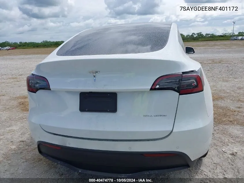 2022 Tesla Model Y Long Range Dual Motor All-Wheel Drive VIN: 7SAYGDEE8NF401172 Lot: 40474778