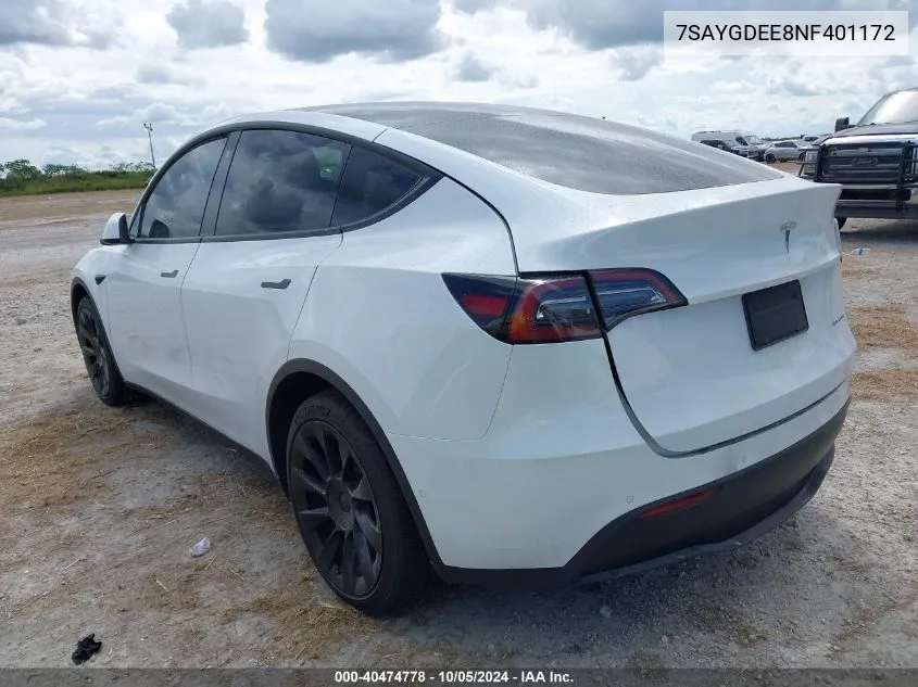 2022 Tesla Model Y Long Range Dual Motor All-Wheel Drive VIN: 7SAYGDEE8NF401172 Lot: 40474778