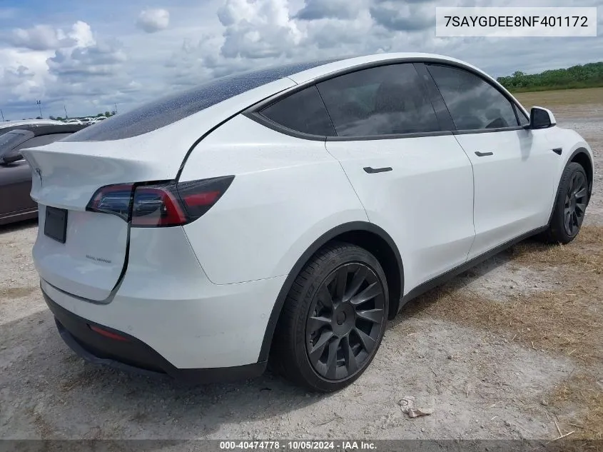 2022 Tesla Model Y Long Range Dual Motor All-Wheel Drive VIN: 7SAYGDEE8NF401172 Lot: 40474778