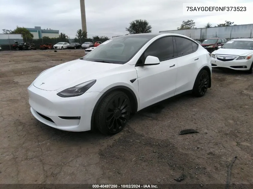 2022 Tesla Model Y Performance Dual Motor All-Wheel Drive VIN: 7SAYGDEF0NF373523 Lot: 40497250