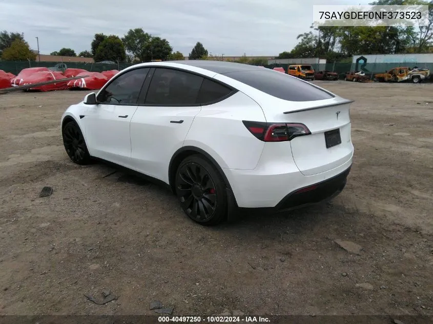 2022 Tesla Model Y Performance Dual Motor All-Wheel Drive VIN: 7SAYGDEF0NF373523 Lot: 40497250