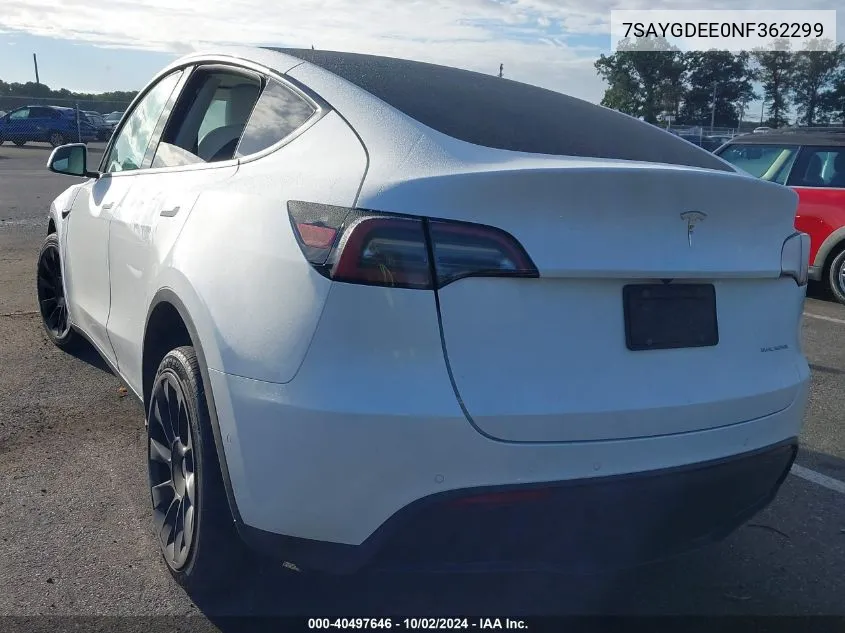 2022 Tesla Model Y Long Range Dual Motor All-Wheel Drive VIN: 7SAYGDEE0NF362299 Lot: 40497646