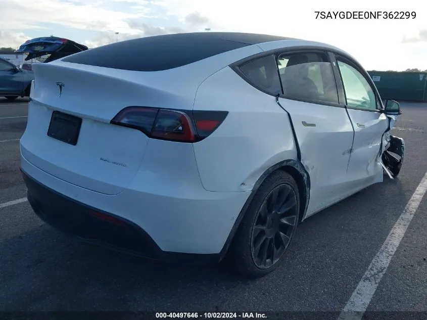 2022 Tesla Model Y Long Range Dual Motor All-Wheel Drive VIN: 7SAYGDEE0NF362299 Lot: 40497646