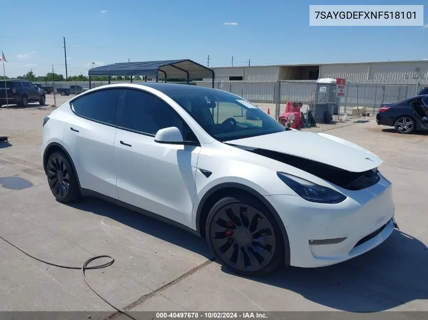 2022 Tesla Model Y Performance Dual Motor All-Wheel Drive VIN: 7SAYGDEFXNF518101 Lot: 40497678