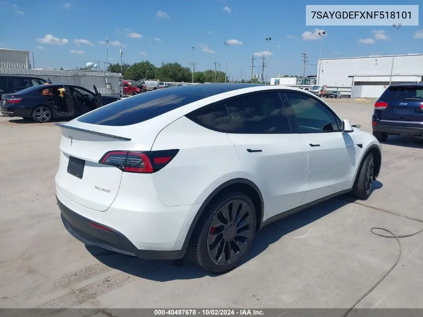 2022 Tesla Model Y Performance Dual Motor All-Wheel Drive VIN: 7SAYGDEFXNF518101 Lot: 40497678