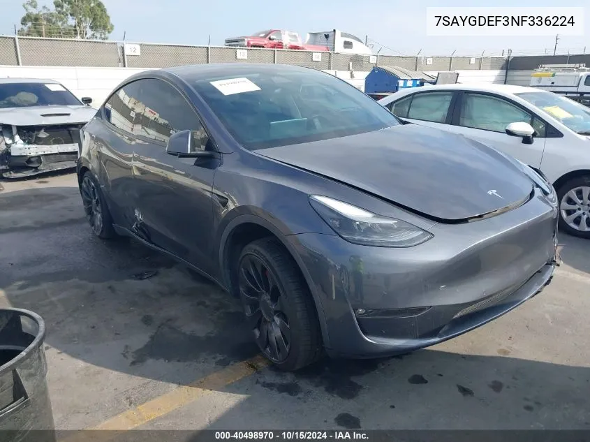 2022 Tesla Model Y Performance Dual Motor All-Wheel Drive VIN: 7SAYGDEF3NF336224 Lot: 40498970