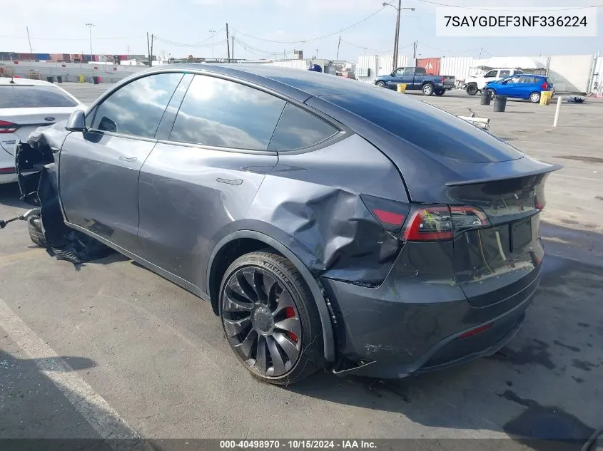 2022 Tesla Model Y Performance Dual Motor All-Wheel Drive VIN: 7SAYGDEF3NF336224 Lot: 40498970