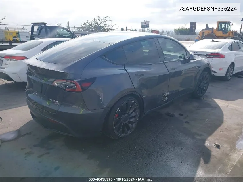 2022 Tesla Model Y Performance Dual Motor All-Wheel Drive VIN: 7SAYGDEF3NF336224 Lot: 40498970