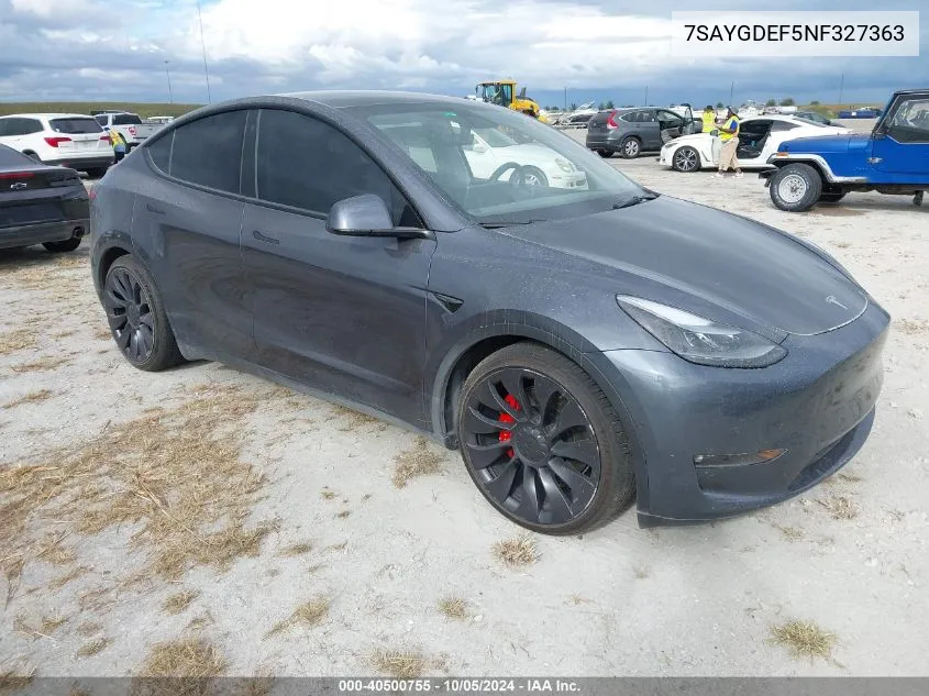 2022 Tesla Model Y VIN: 7SAYGDEF5NF327363 Lot: 40500755