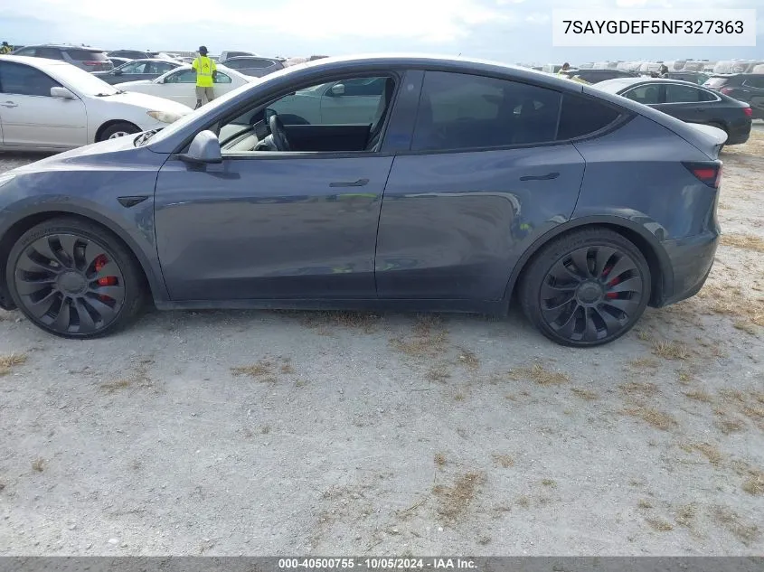 2022 Tesla Model Y VIN: 7SAYGDEF5NF327363 Lot: 40500755